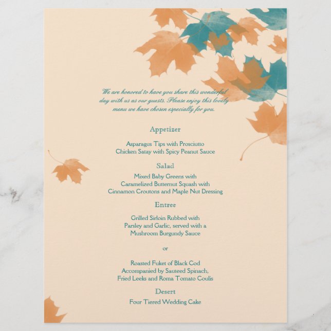 Menú de Boda Hoja de Arce de Otoño Aqua Naranja (Anverso)