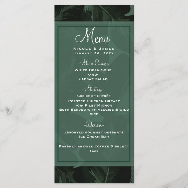Menú de Boda Hojas Tropicales Verde y Negro Chic (Anverso)