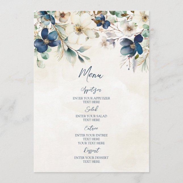 Menú de Boda Invernal con Flores Azules Elegantes (Anverso)