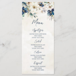 Menú de Boda Invernal Floral Azul Elegante