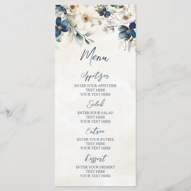 Menú de Boda Invernal Floral Azul Elegante (Anverso)