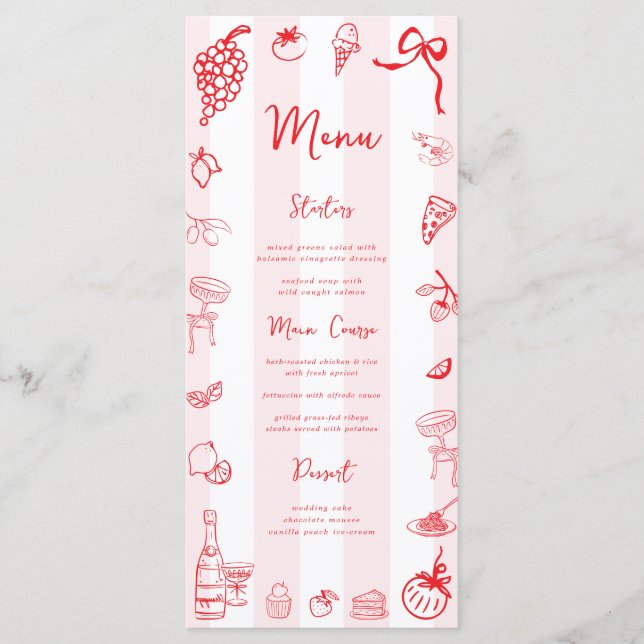 Menú de Boda Italiano Rojo Dibujado a Mano (Anverso)