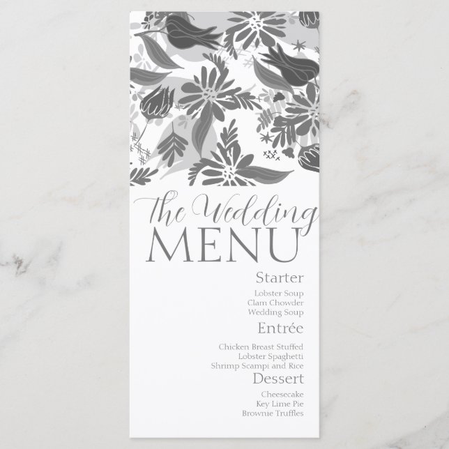 Menú de Boda Jardín de Rosas Florales Grises (Anverso)