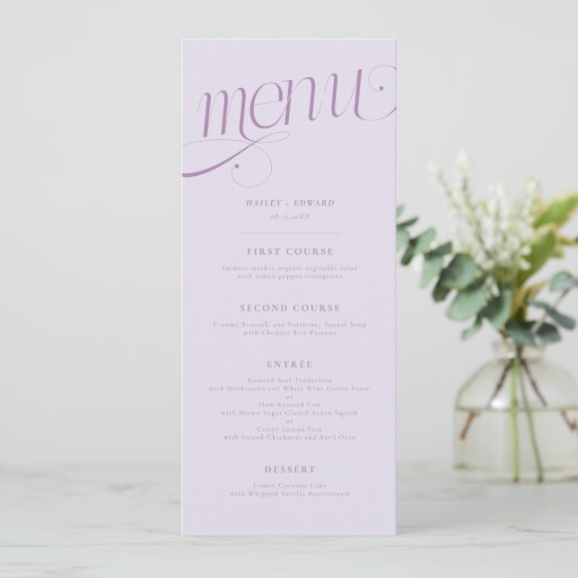 Menú de Boda Lila con Remolino Elegante (Anverso de pie)