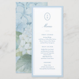 Menú de boda llano con monograma de Hortensia azul