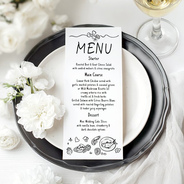 Menú de Boda Manuscrito Decoración Divertida y Fun (Whimsical Hand-drawn Wedding Menu Card)