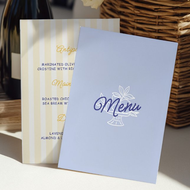 Menú de Boda Mediterráneo a Rayas Azules y Limón (Blue & Lemon Striped Mediterranean Wedding Menu Ca)