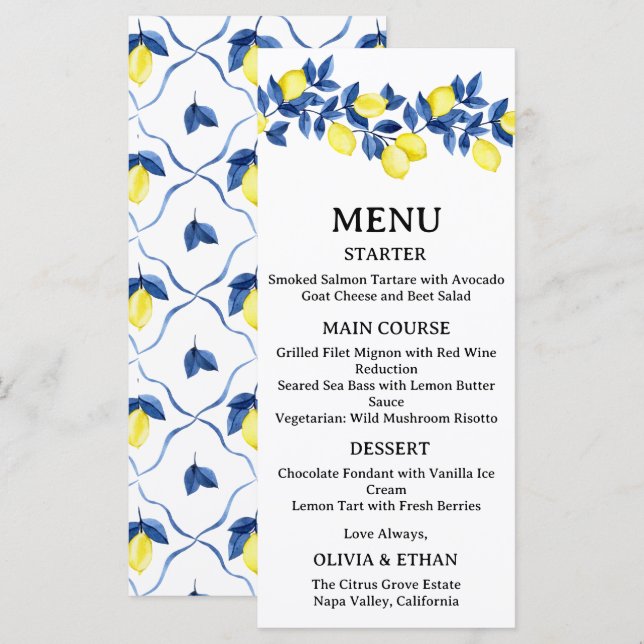 Menú de Boda Mediterráneo de Limón de Verano (Anverso / Reverso)