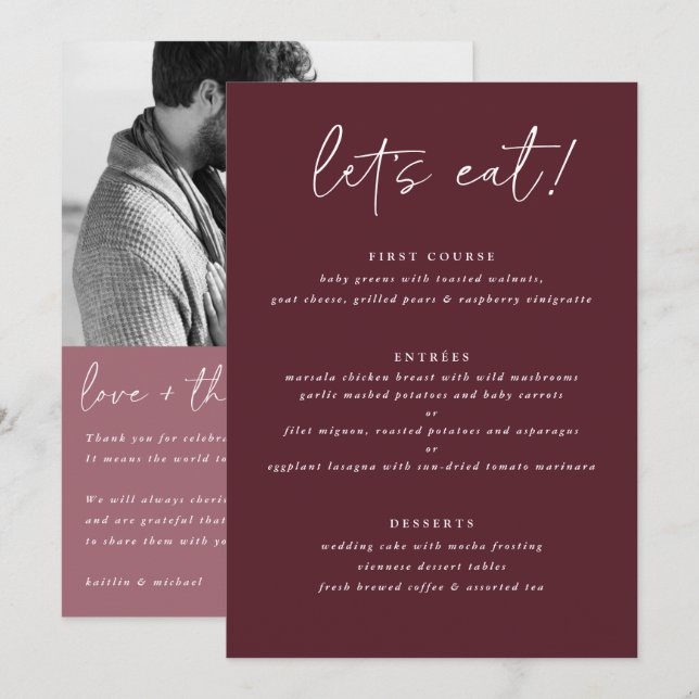 Menú de Boda Merlot Moderno con Foto en la Parte P (Anverso / Reverso)