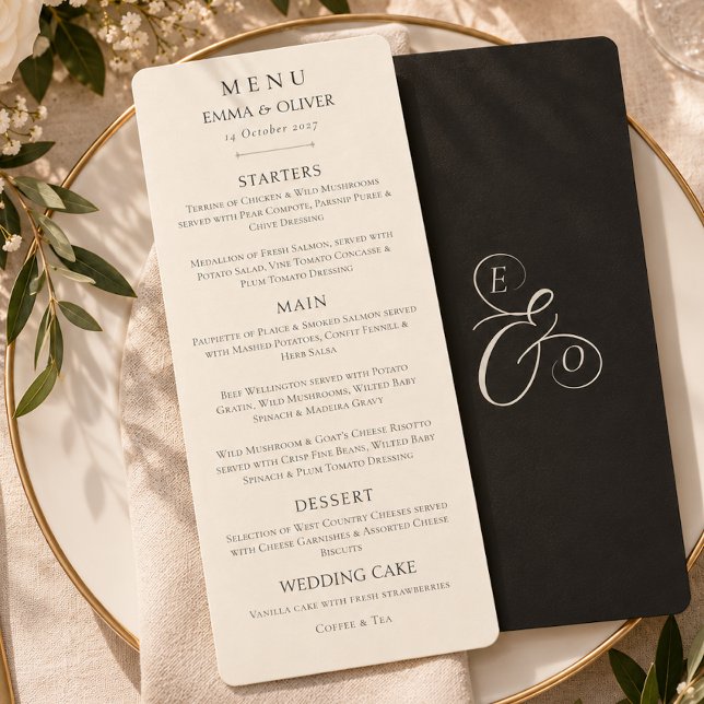 Menú de Boda Minimal Boho Negro Marfil (Minimal Boho Black Ivory Wedding Menu)