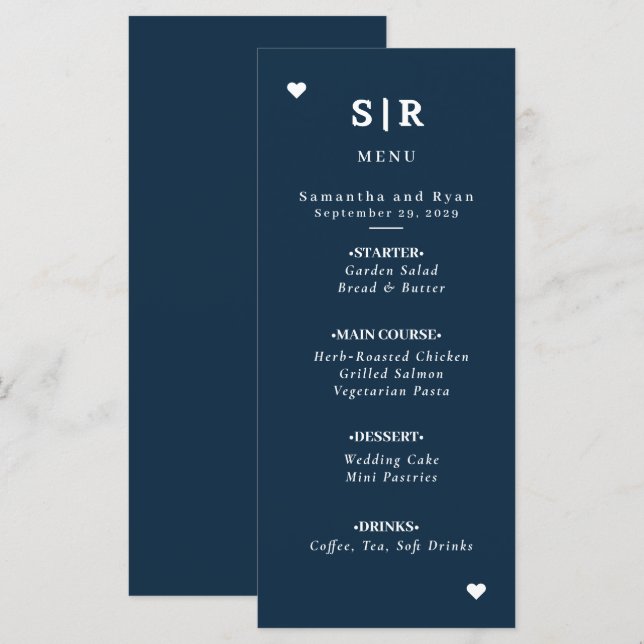 Menú de Boda Minimalista Azul Marino (Anverso / Reverso)