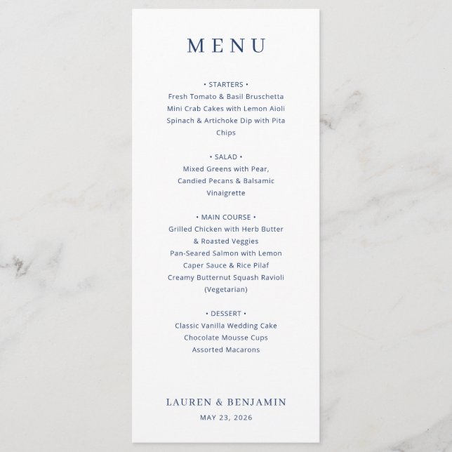 Menú de Boda Minimalista Azul Marino Elegante (Anverso)