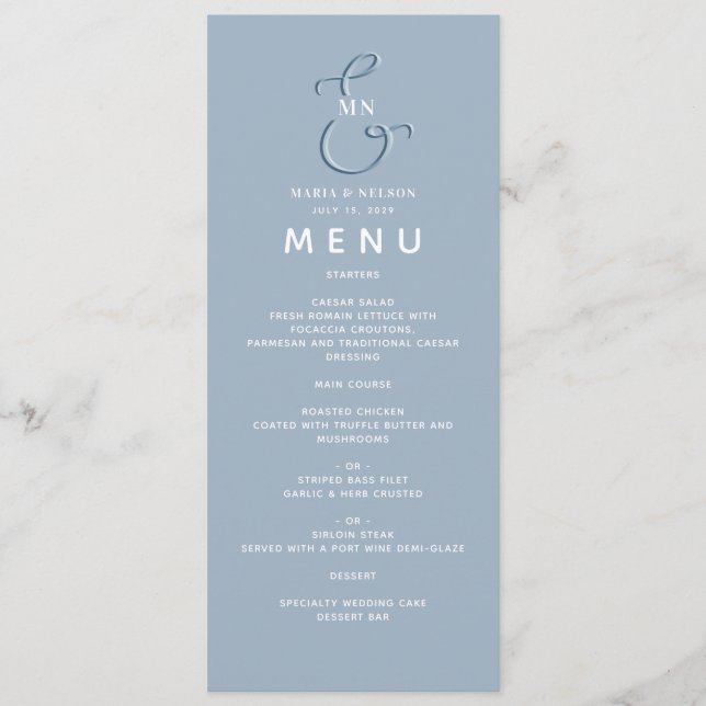 Menú de Boda Minimalista Azul Polvoriento (Anverso)