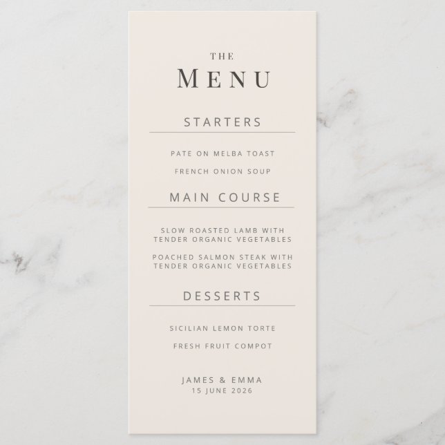 Menú de Boda Minimalista Beige Suave (Anverso)