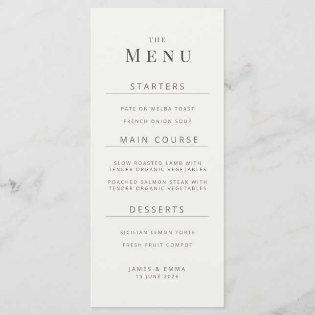 Menú de Boda Minimalista | Blanco Cálido (Anverso)
