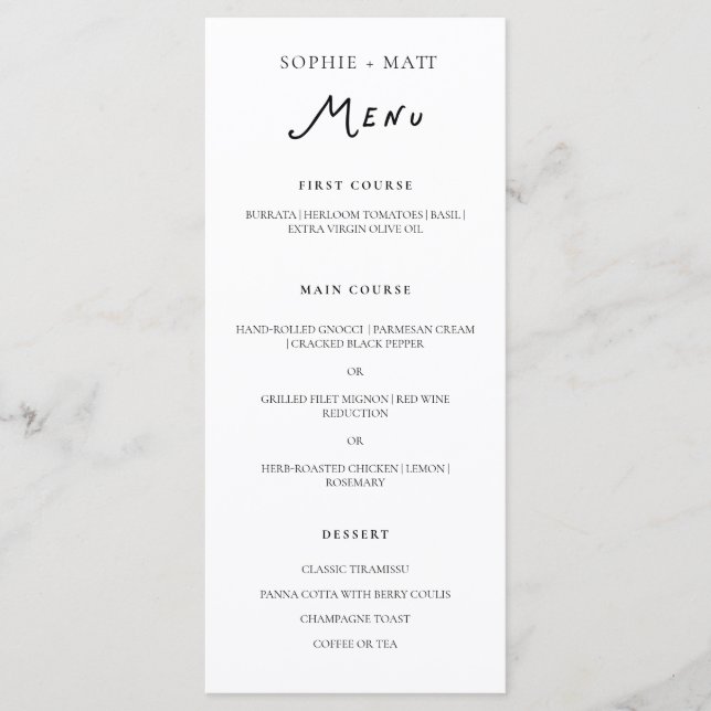 Menú de Boda Minimalista Caligrafía Caprichosa (Anverso)