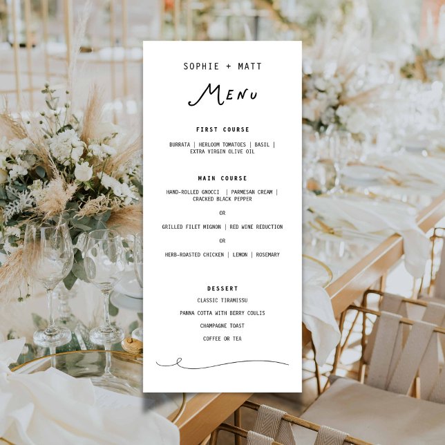 Menú de Boda Minimalista Caligrafía Caprichosa (Whimsical Calligraphy Minimalist Wedding Menu)