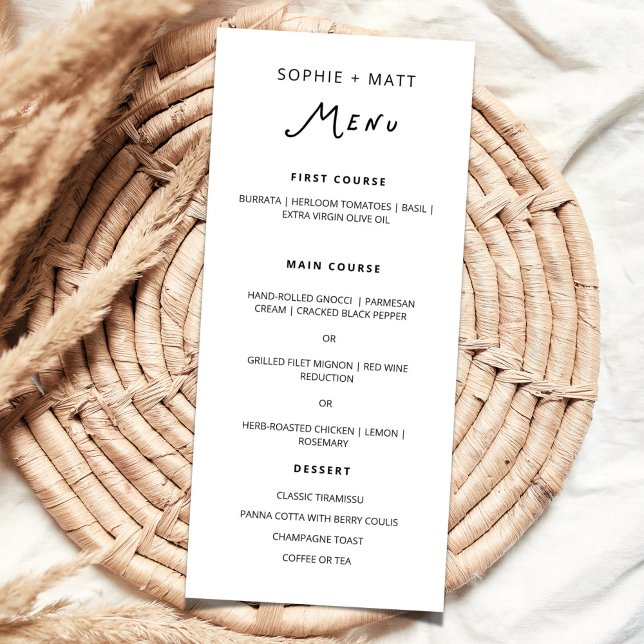 Menú de Boda Minimalista Caligrafía Caprichosa (Whimsical Calligraphy Minimalist Wedding Menu)