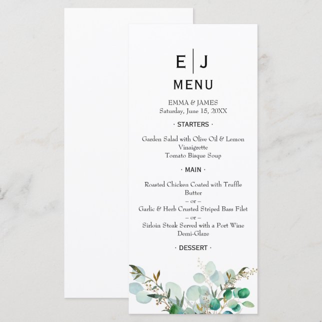 Menú de Boda Minimalista con Verde Chic (Anverso / Reverso)