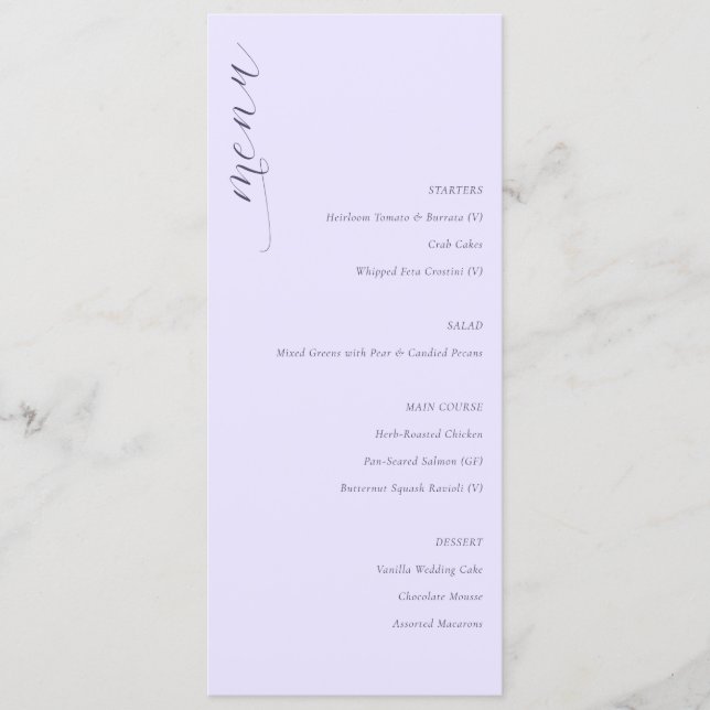 Menú de Boda Minimalista de Lavanda Sofisticado (Anverso)