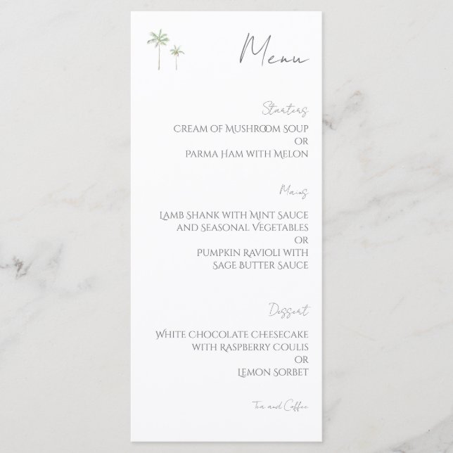 Menú de Boda Minimalista de Palma con Acuarela (Anverso)