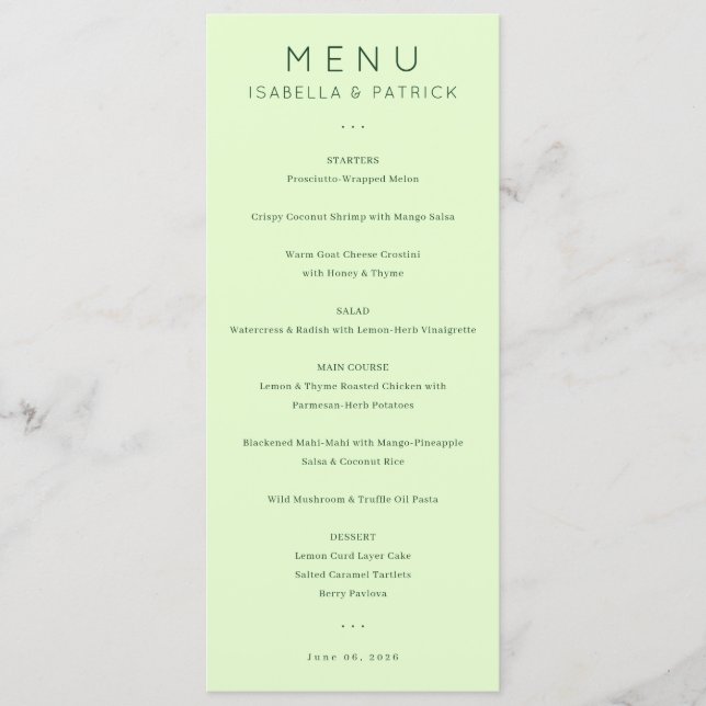 Menú de Boda Minimalista en Verde Pastel Tranquilo (Anverso)
