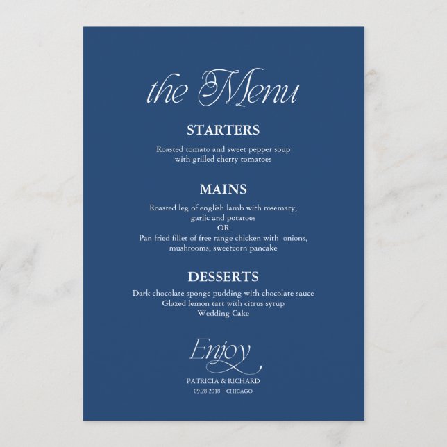 Menú de Boda Minimalista Moderno Cobalto Azul (Anverso)