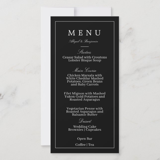 Menú de Boda Minimalista Moderno Negro (Anverso)