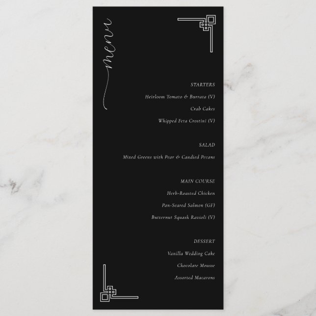 Menú de Boda Minimalista Negro Elegante (Anverso)