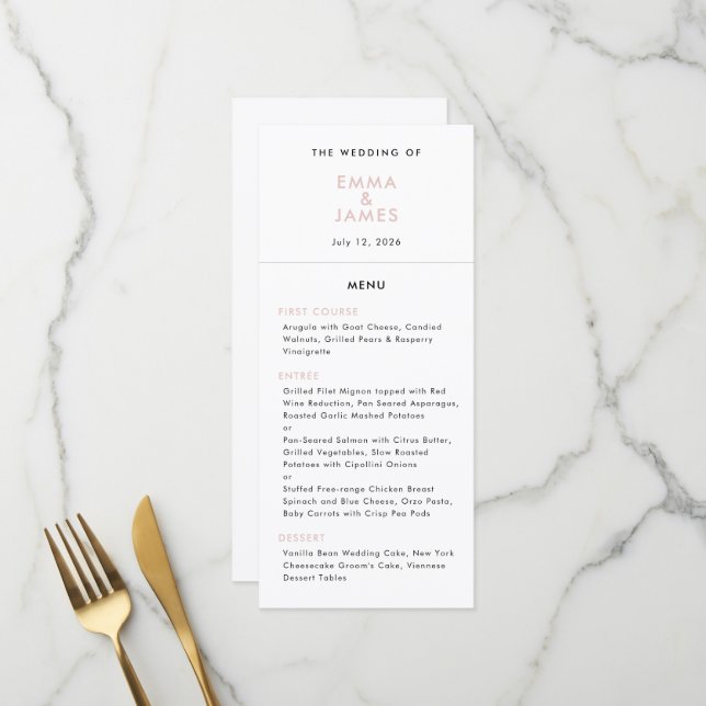 Menú de Boda Minimalista Rosa | Menú Elegante con  (Anverso/Reverso In Situ)