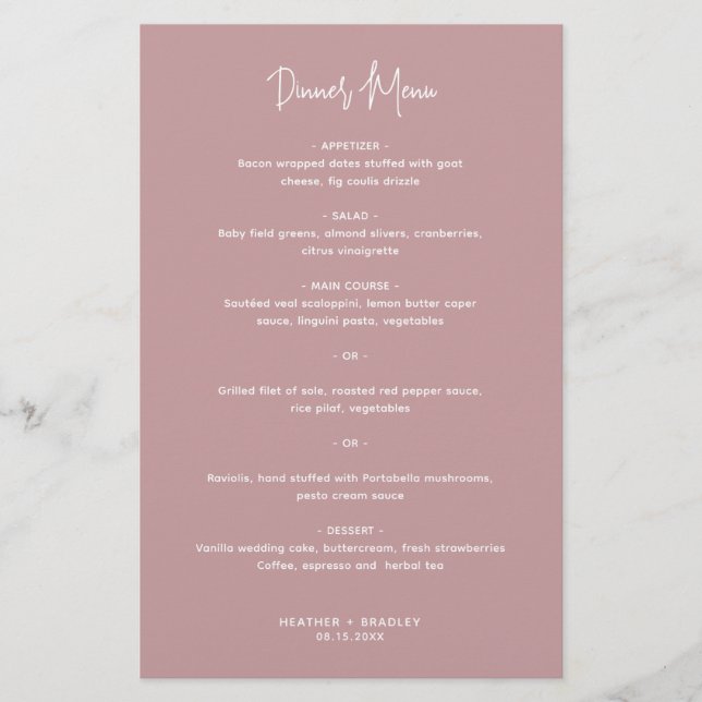 Menú de Boda Minimalista Rosa Moderno (Anverso)