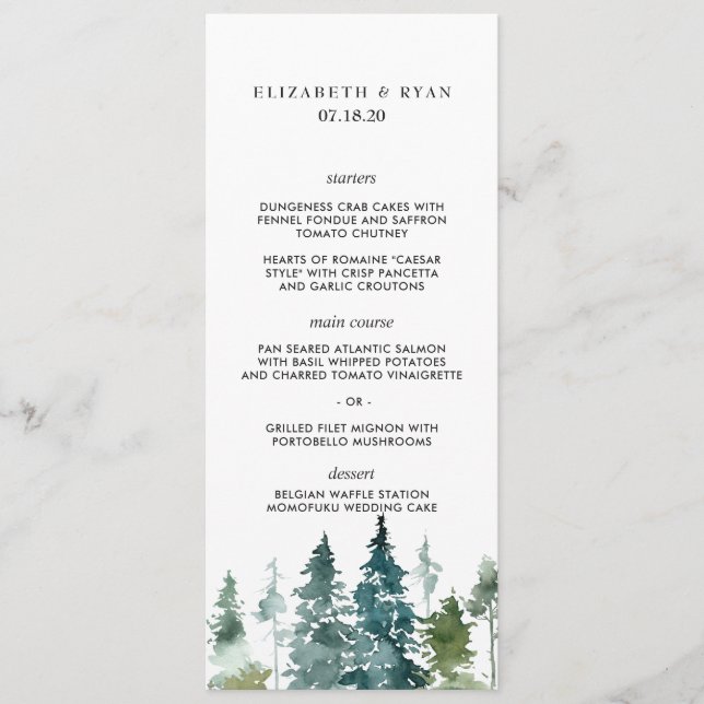 Menú de Boda Minimalista Rústico con Pinos Acuarel (Anverso)