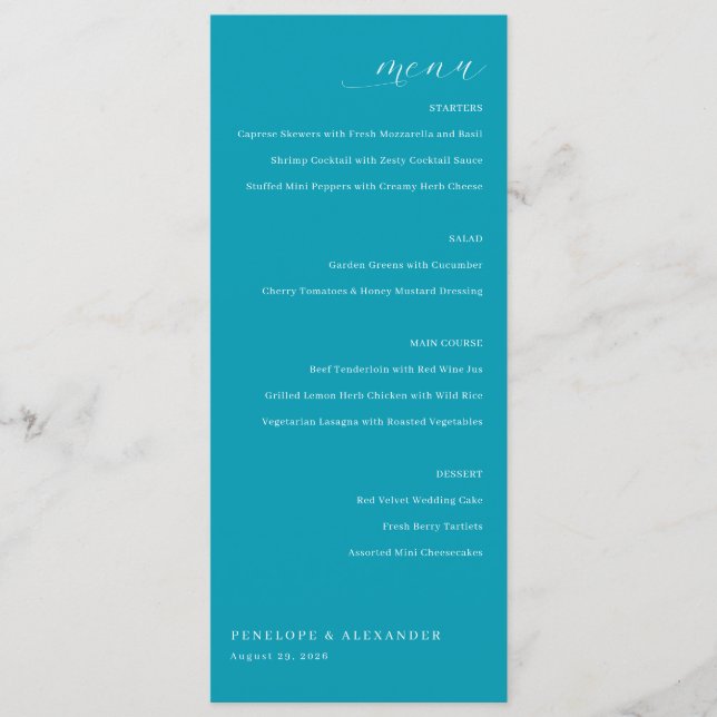 Menú de Boda Minimalista Teal Sofisticado (Anverso)