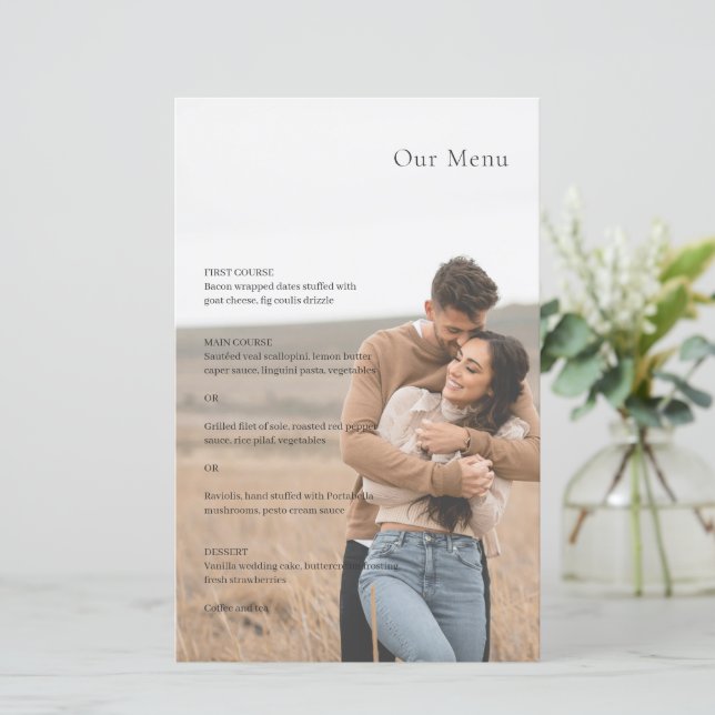 Menú de boda moderno con foto elegante en blanco y (Anverso de pie)
