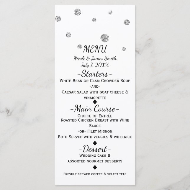 Menú de boda moderno con puntos de purpurina blanc (Anverso)