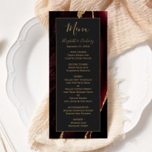 Menú de boda moderno de color burgundy dorado y ág