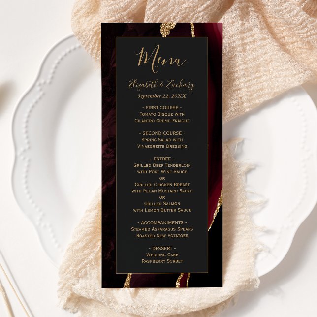 Menú de boda moderno de color burgundy dorado y ág (Subido por el creador)