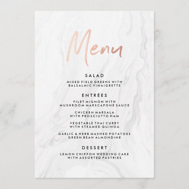 Menú de Boda Moderno de Mármol Blanco con Letra en (Anverso)