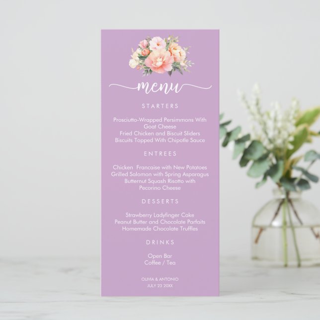 Menú de Boda Moderno Elegante Rosa Lila Peonía (Anverso de pie)