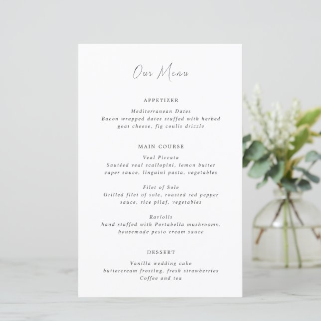 Menú de Boda Moderno en Blanco y Negro Limpio (Anverso de pie)