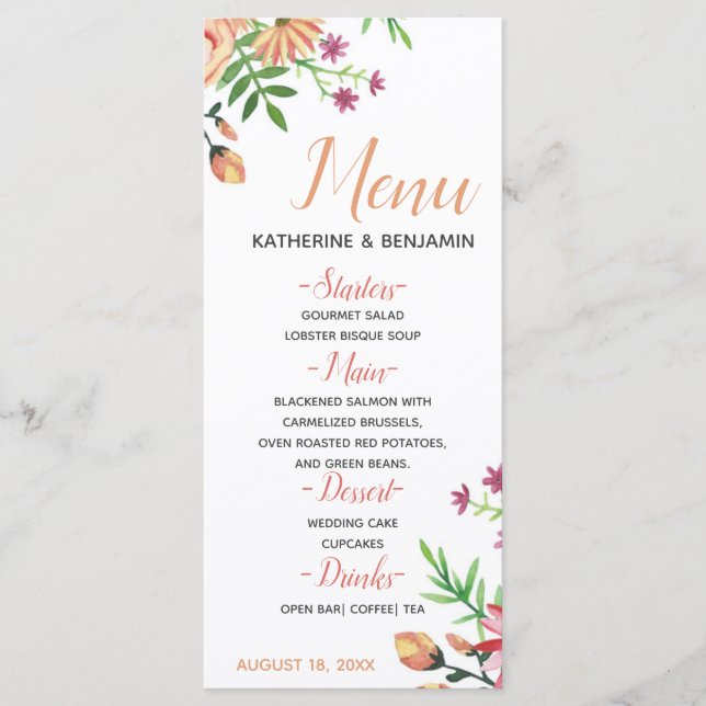 Menú de boda moderno floral melocotón (Anverso)