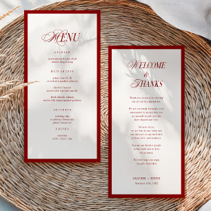 Menú de boda moderno rojo y nota de agradecimiento