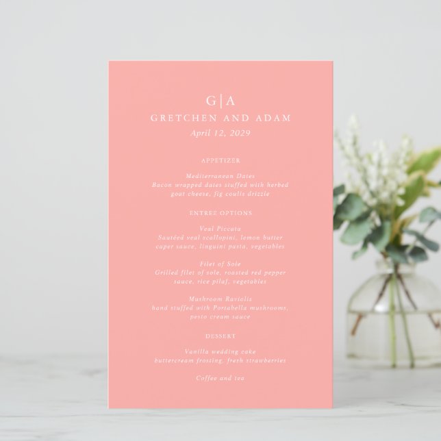 Menú de boda moderno rosa coral elegante (Anverso de pie)