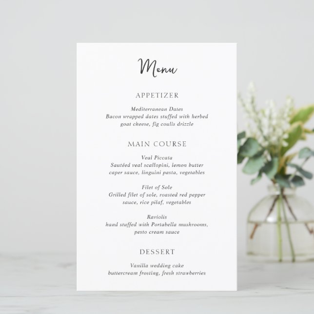 Menú de boda moderno simple negro y blanco elegant (Anverso de pie)