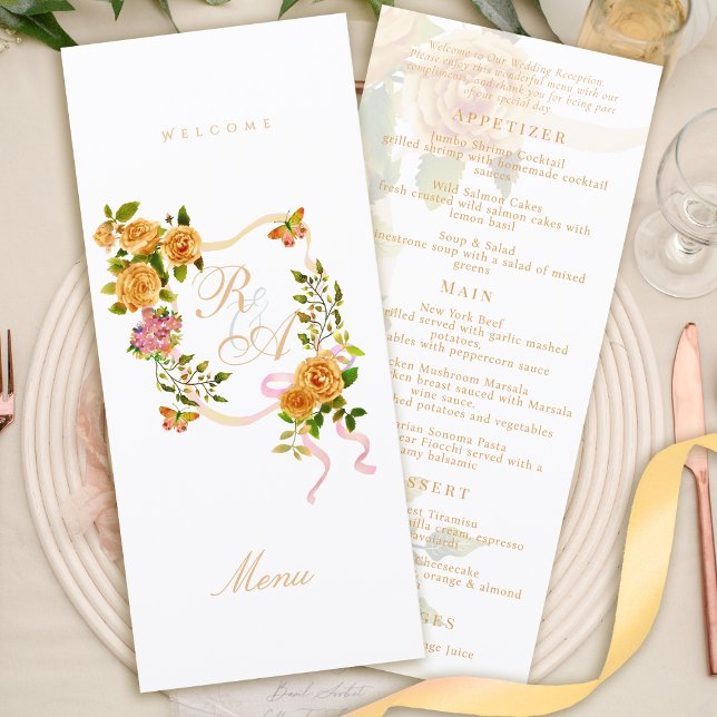 Menú de Boda Monograma con Cinta de Rosa Dorada (Gold Rose Ribbon Monogram Wedding Menu)