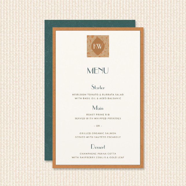 Menú de Boda Naranja Atardecer Retro Costero Vinta (vintage coastal wedding menu deco warm sunset orange teal mid century modern retro beach nautical)