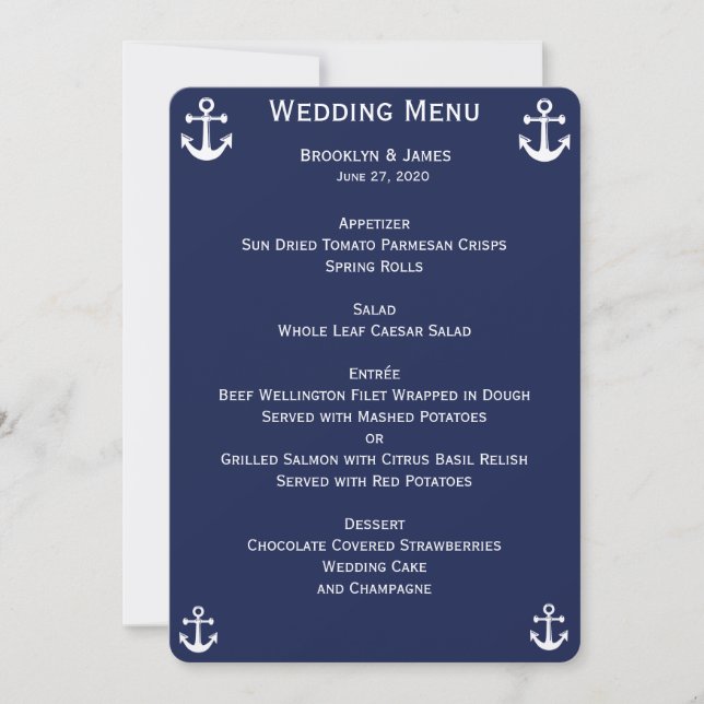 Menú de Boda Náutico Azul Marino Invitaciones Pers (Anverso)