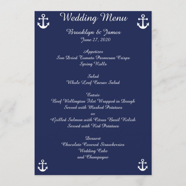 Menú de Boda Náutico Azul Marino Invitaciones Pers (Anverso)