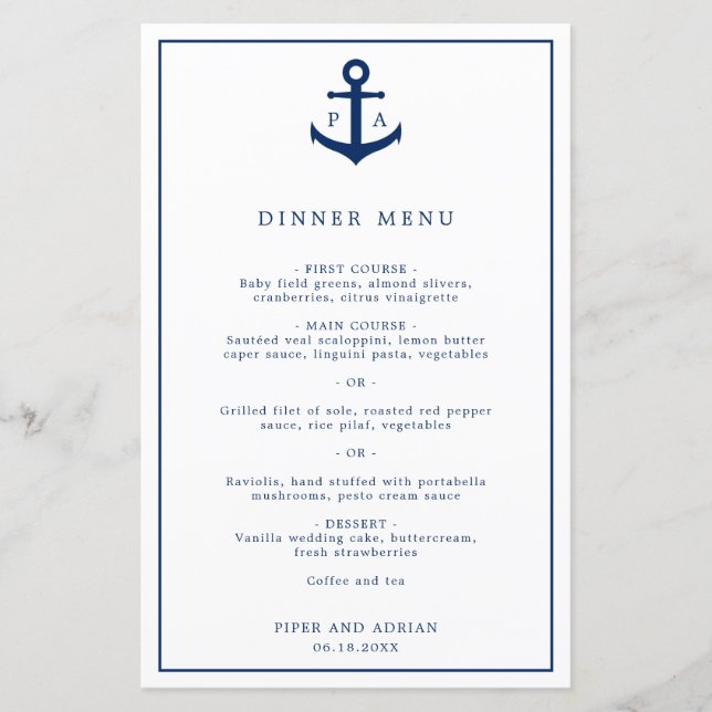 Menú de Boda Náutico con Ancla y Monograma Elegant (Anverso)