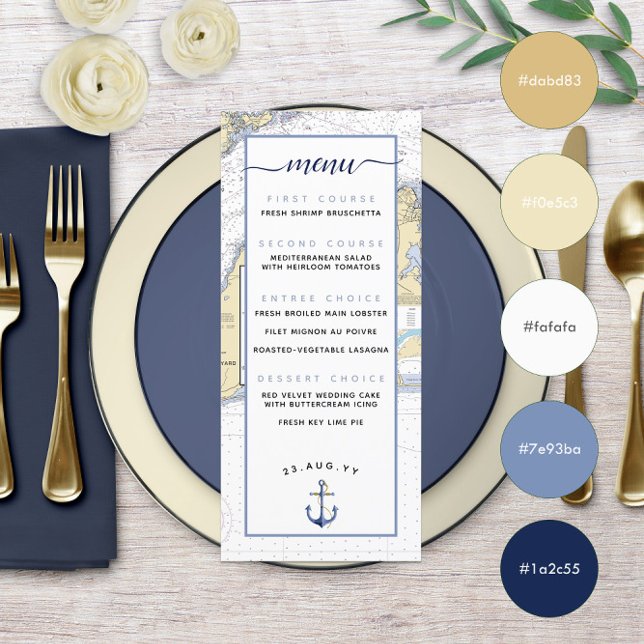 Menú de boda náutico de Martha's Vineyard ⚓ (Martha's Vineyard ⚓ Nautical Wedding Menu in Muted Blue and Pale Yellow with Color Swatches )
